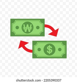 Vector illustration of exchange of dollar banknotes with Won. Simple design on a transparent background (PNG).