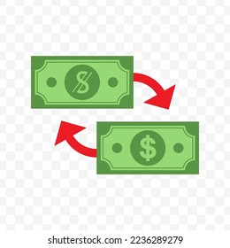 Vector illustration of exchange of dollar banknotes with Uzbekistani sum. Simple design on a transparent background (PNG).