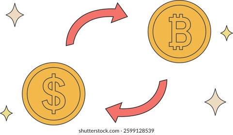 Vector illustration of exchange rate. Dollar and cryptocurrency bitcoin.