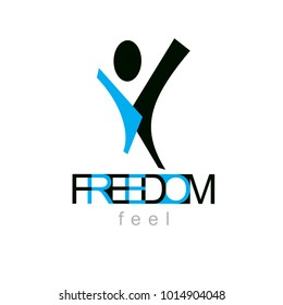 Vector illustration of excited abstract  man with raised reaching up. Successful business career logo. Corporate development symbol. Freedom creative emblem.