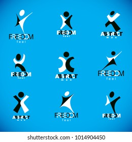 Vector illustration of excited abstract man with arms reaching up. Successful business career abstract symbol.