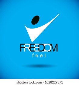 Ilustración vectorial de un hombre abstracto emocionado con la elevación de la mano. Símbolo de carrera empresarial exitoso. Logo de desarrollo corporativo. Blootipo creativo de la libertad.