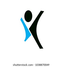 Vector illustration of excited abstract  man with raised reaching up. Liberty conceptual icon. Happiness metaphor logotype. Business innovation idea creative symbol.