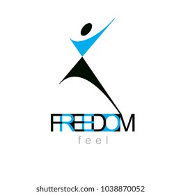 Vector illustration of excited abstract  man with raised reaching up. Liberty conceptual symbol. Happiness metaphor emblem. Business innovation idea creative logo. 
