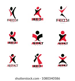 Vector illustration of excited abstract man with arms reaching up. Successful business person illustration.