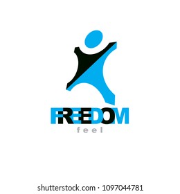 Vector illustration of excited abstract  man with raised reaching up. Liberty conceptual logo. Happiness metaphor symbol. Business innovation idea creative logotype.