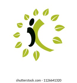 Vector illustration of excited abstract  man with raised reaching up. Go green idea creative logo. Healthy lifestyle metaphor. Vegetarian theme icon.