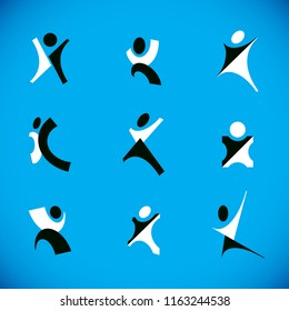 Vector illustration of excited abstract man with arms reaching up. Successful business career abstract symbol.