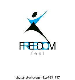 Vector illustration of excited abstract  man with raised reaching up. Liberty conceptual logotype. Happiness metaphor logo. Business innovation idea creative emblem.