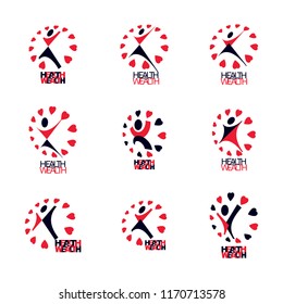 Vector illustration of excited abstract man with arms reaching up. Corporate development logo.