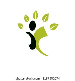Vector illustration of excited abstract  man with raised reaching up. Go green idea creative logo. Wanderlust and countryside vacation idea symbol.