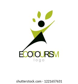 Vector illustration of excited abstract  man with raised reaching up. Ecotourism conceptual logo. Wellness and harmony symbolic symbol.
