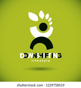 Vector illustration of excited abstract  man with raised reaching up. Downshifting concept logo. Vegetarian theme symbol. Green ecology metaphor.