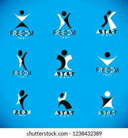 Vector illustration of excited abstract man with arms reaching up. Successful business career abstract symbol.