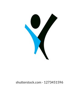 Vector illustration of excited abstract  man with raised reaching up. Liberty conceptual logo. Happiness metaphor icon. Business innovation idea creative symbol.