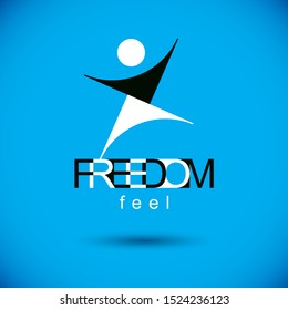 Vector illustration of excited abstract  man with raised reaching up. Liberty conceptual logotype. Happiness metaphor logo. Business innovation idea creative emblem.