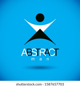 Vector illustration of excited abstract  man with raised reaching up. Liberty conceptual symbol. Happiness metaphor emblem. Business innovation idea creative logo. 