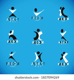Vector illustration of excited abstract man with arms reaching up. Successful business career abstract symbol.