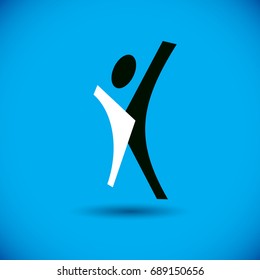 Vector illustration of excited abstract  man with raised reaching up. Liberty conceptual logo. Happiness metaphor icon. Business innovation idea creative symbol.