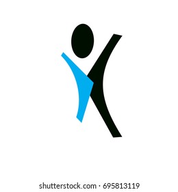 Vector illustration of excited abstract  man with raised reaching up. Successful business career abstract logo. Corporate development icon. Freedom creative symbol.