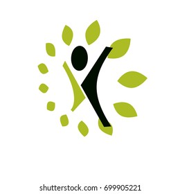 Vector illustration of excited abstract  man with raised reaching up. Go green idea creative logo. Healthy lifestyle metaphor. Vegetarian theme icon.