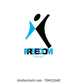 Vector illustration of excited abstract  man with raised reaching up. Successful business career emblem. Corporate development logo. Freedom creative logotype.