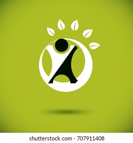 Vector illustration of excited abstract  man with raised reaching up. Go green idea creative logo. Healthy lifestyle metaphor. Vegetarian theme icon.