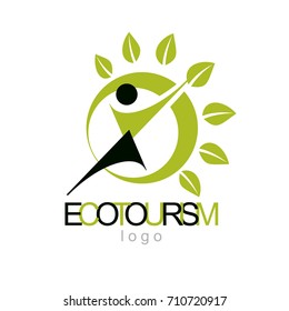 Vector illustration of excited abstract  man with raised reaching up. Ecotourism conceptual logo. Environmental conservation theme symbol.
