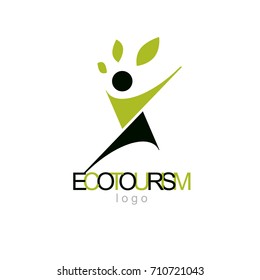 Vector illustration of excited abstract  man with raised reaching up. Ecotourism conceptual logo. Environmental conservation theme logotype. Green tourism symbol.