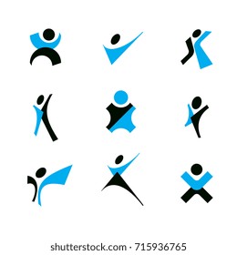 Vector illustration of excited abstract man with arms reaching up. Corporate development logo.