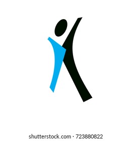 Vector illustration of excited abstract  man with raised reaching up. Liberty conceptual logotype. Happiness metaphor logo. Business innovation idea creative symbol.
