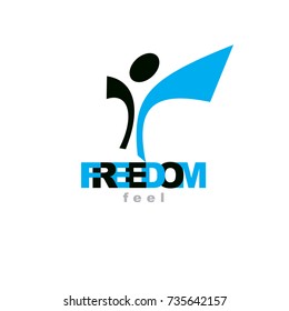 Vector illustration of excited abstract  man with raised reaching up. Successful business career logo. Corporate development symbol. Freedom creative emblem.