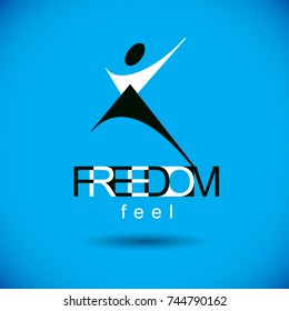 Vector illustration of excited abstract  man with raised reaching up. Successful business career logotype. Corporate development symbol. Freedom creative emblem.