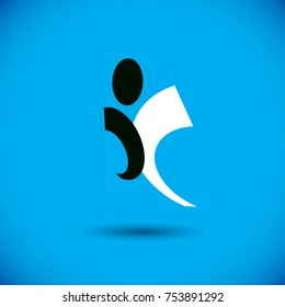 Vector illustration of excited abstract  man with raised reaching up. Liberty conceptual icon. Happiness metaphor symbol. Business innovation idea creative logotype.