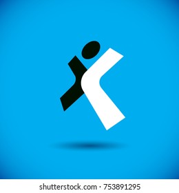 Vector illustration of excited abstract  man with raised reaching up. Successful business career abstract icon. Corporate development logo. Freedom creative logotype.