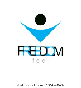 Vector illustration of excited abstract person with raised hands up. Liberty conceptual logotype. Happiness metaphor logo. Business innovation idea creative emblem.