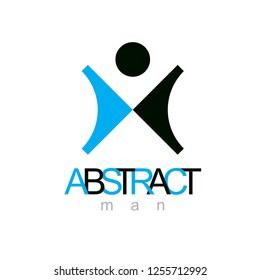 Vector illustration of excited abstract person with raised hands up. Successful business career logo. Corporate development symbol. Freedom creative emblem.