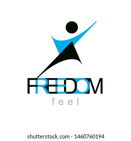 Vector illustration of excited abstract person with raised hands up. Liberty conceptual symbol. Happiness metaphor logotype. Business innovation idea creative emblem.