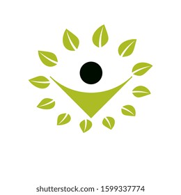 Vector illustration of excited abstract person with raised hands up. Go green idea creative logo. Vegetarian theme icon. Wellness and harmony symbol.