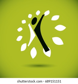 Vector illustration of excited abstract person with raised hands up. Go green idea creative logo. Healthy lifestyle metaphor. Vegetarian theme icon.

