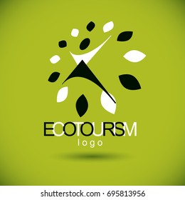 Vector illustration of excited abstract person with raised hands up. Ecotourism conceptual logo. Wellness and harmony symbolic symbol.