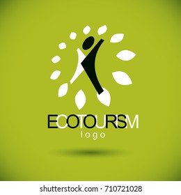 Vector illustration of excited abstract person with raised hands up. Ecotourism conceptual logo. Environmental conservation theme symbol.