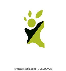Vector illustration of excited abstract person with raised hands up. Go green idea creative logo. Vegetarian theme icon. Wellness and harmony symbol.