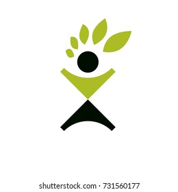 Vector illustration of excited abstract person with raised hands up. Go green idea creative logo. Ecotourism conceptual icon. Downshifting symbol.