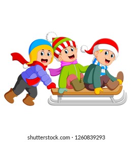 vector illustration of an excited boys are playing on the ice board cart and some of them pulls it