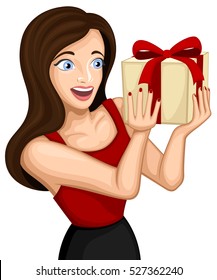 Vector illustration of an excited cartoon woman holding a wrapped gift.