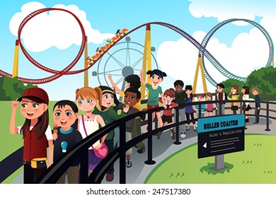 A vector illustration of excited children waiting in line for a roller coaster ride