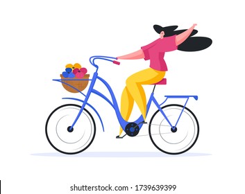 Vector illustration of excited female cyclist smiling and raising hand while riding bike with basket of colorful flowers on summer day