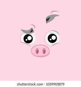 Vector illustration of the excited funny pig face on pink background.