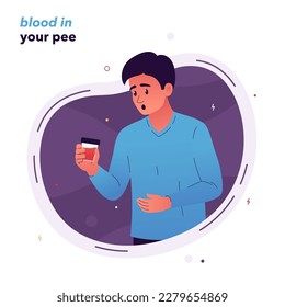 Imagen vectorial de un hombre emocionado sosteniendo un frasco de orina en su mano derecha. La sangre en la orina es un síntoma de enfermedad renal, infecciones virales. Ilustración de artículos médicos, afiches, puestos.